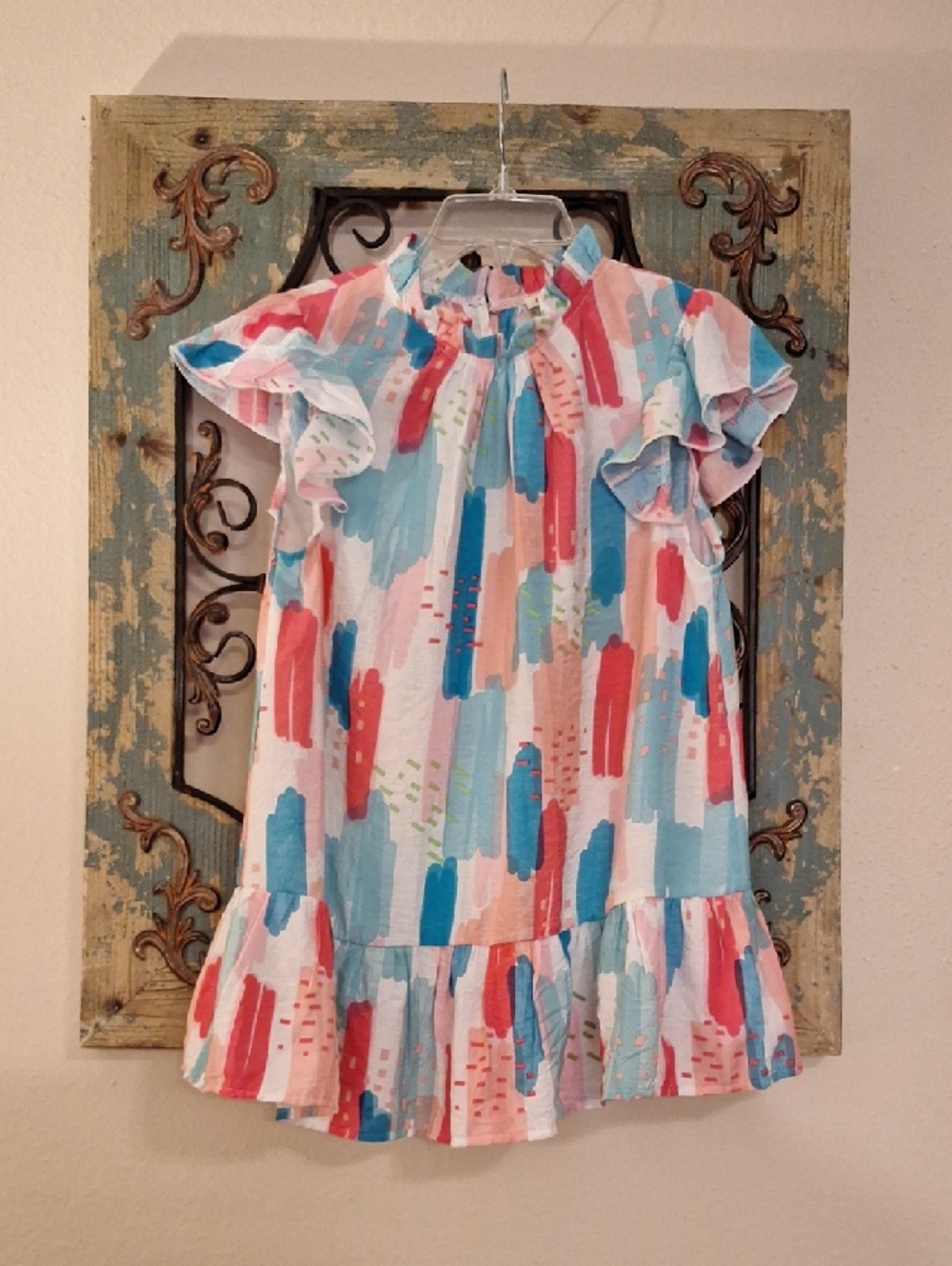 JODIFL Pink Blue White Brushstroke Ruffle Tunic Top. NWOT Size S - Picture 6 of 13
